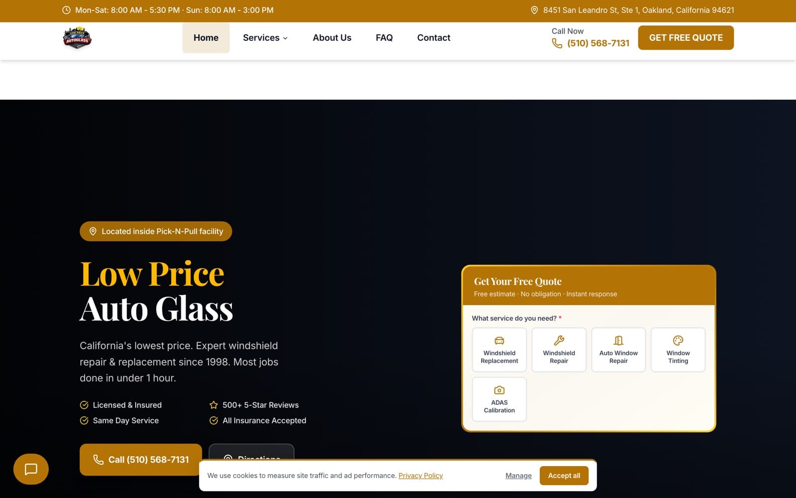 Oakland Auto Glass website, built by Datawired