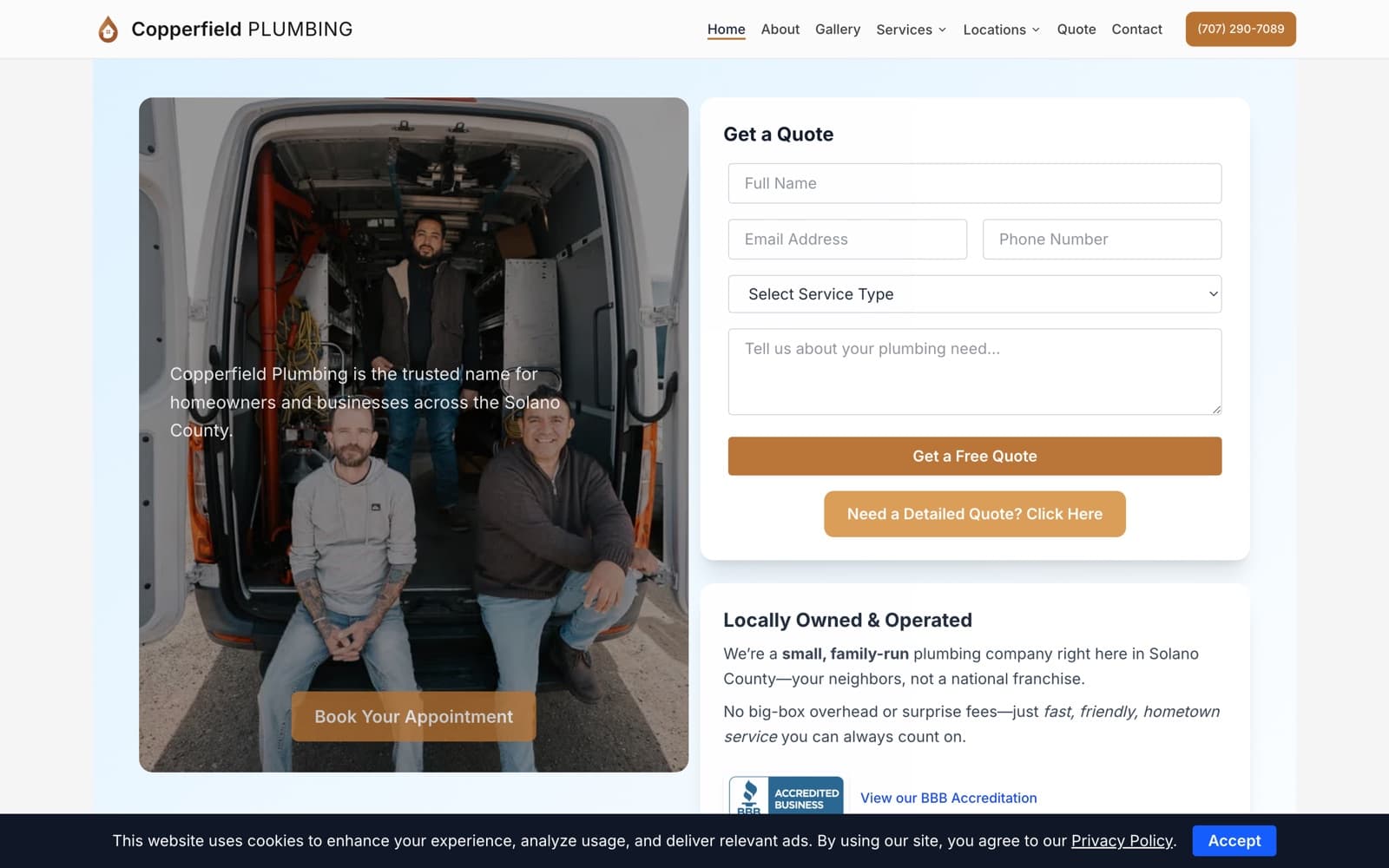 Copperfield Plumbing website, built by Datawired